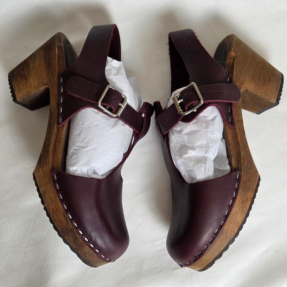 Lotta From Stockholm T-Strap Clogs Burgundy Leather Wood Heel Scandi Boho 38